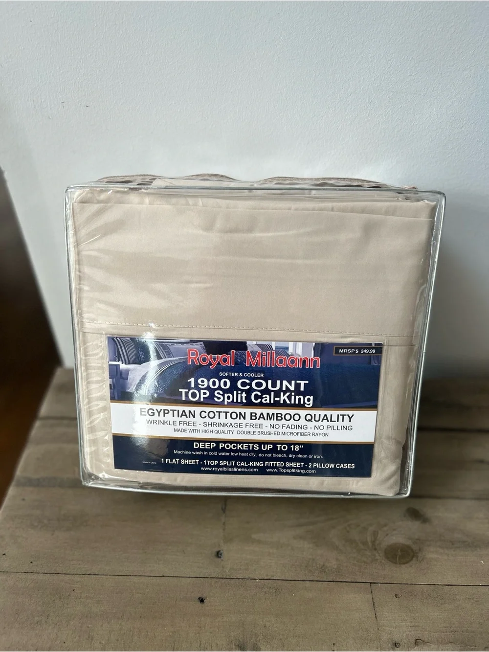 Royal Millaann 1900 Count Top Split Cal-King Sheet Set Tan Beige NIP